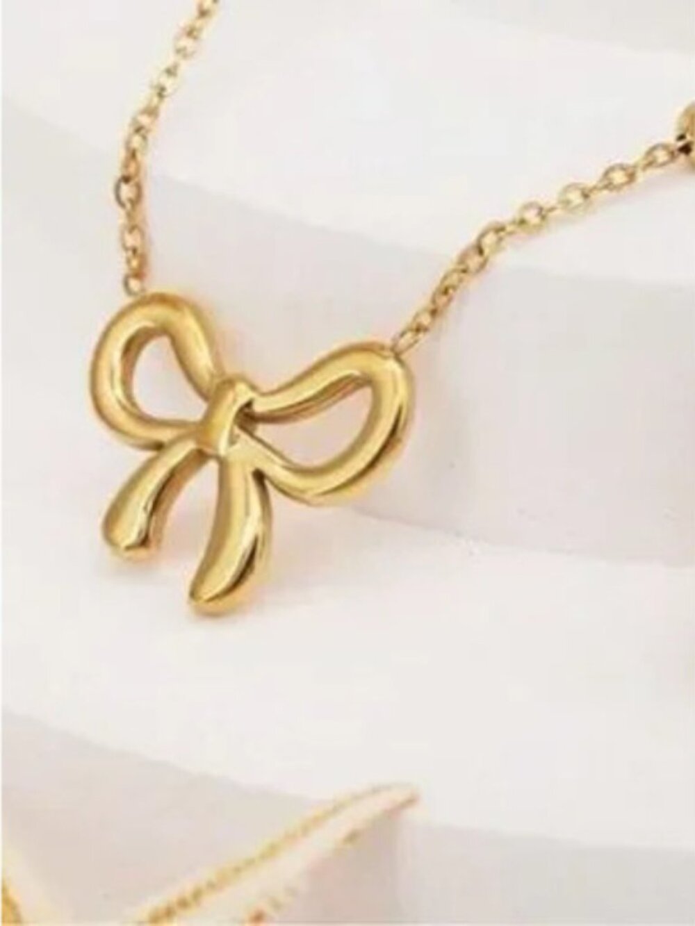 Gold Stainless Steel Bow Beaded Pendant Necklace - Picture 3 of 3